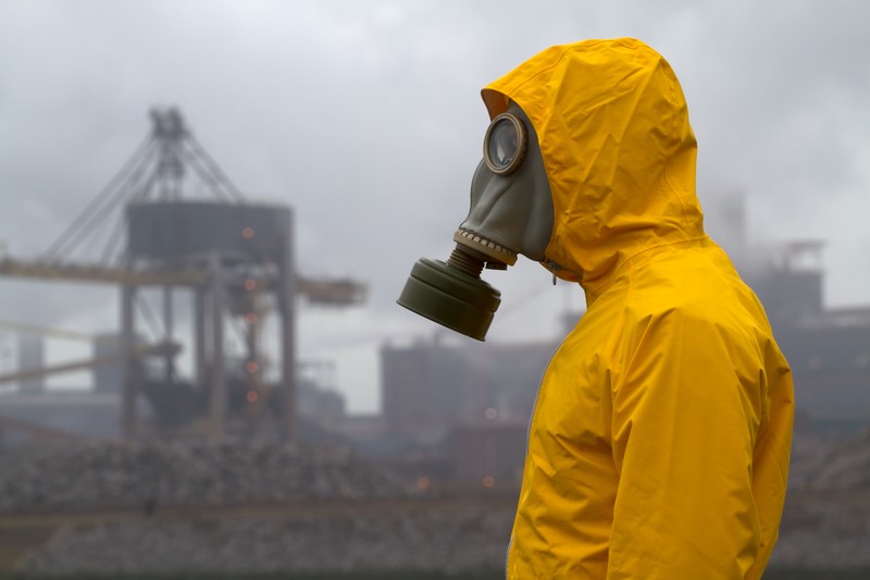 man wearing gas mask