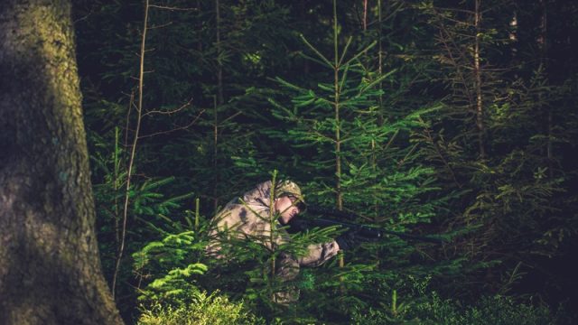 man hiding in forest