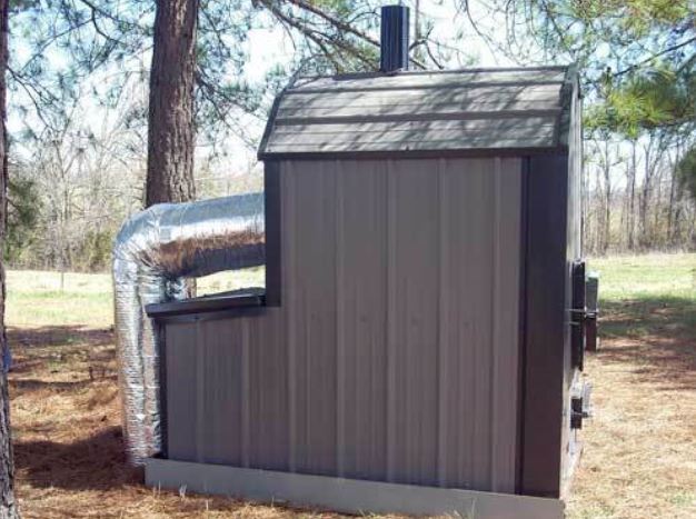 Forced-air-outdoor-furnace-Grey-and-Black-hooked-up